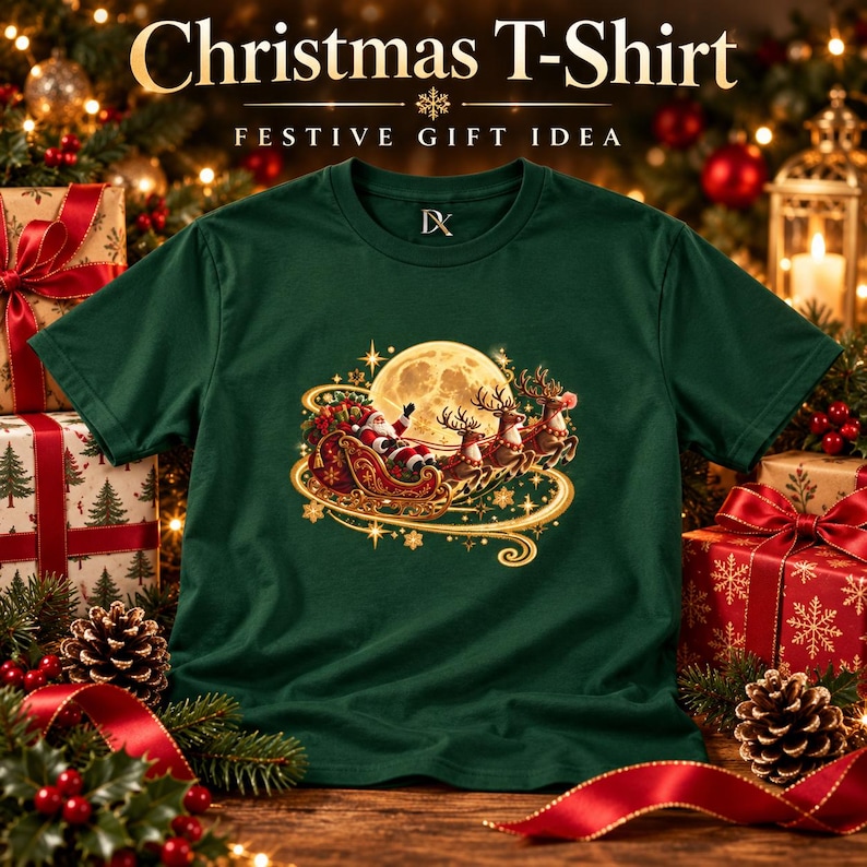 Jultomten Sleigh Barn T-shirt, Ren Måne Jult-shirt, Julklapp för barn bild 1