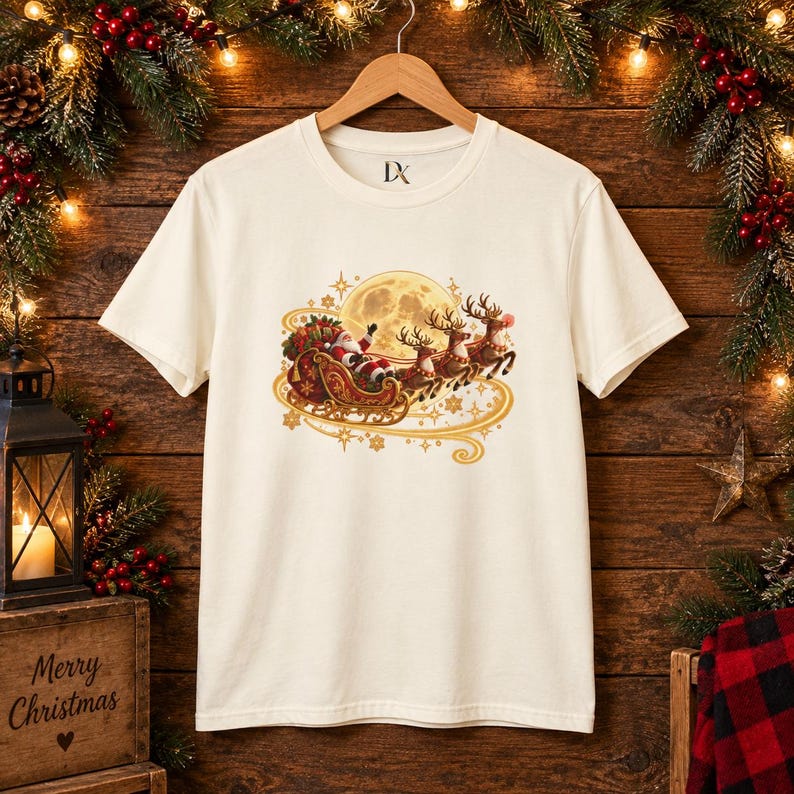 Jultomten Sleigh Barn T-shirt, Ren Måne Jult-shirt, Julklapp för barn bild 13
