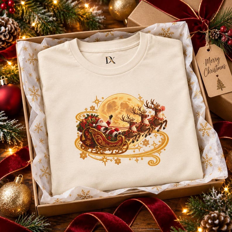 Jultomten Sleigh Barn T-shirt, Ren Måne Jult-shirt, Julklapp för barn bild 12