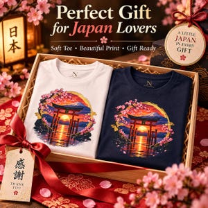 Camiseta Torii Gate, Camiseta Pôr do Sol em Santuário Japonês, Presente de Viagem ao Japão com Estampa de Cerejeiras em Flor imagem 10