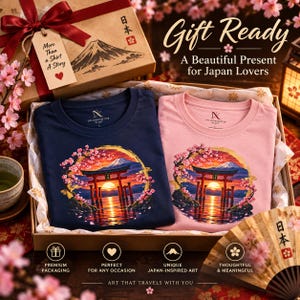 Camiseta Torii Gate, Camiseta Pôr do Sol em Santuário Japonês, Presente de Viagem ao Japão com Estampa de Cerejeiras em Flor imagem 14