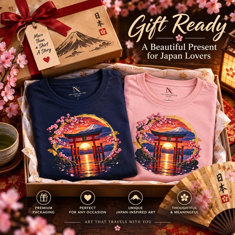 Camiseta Torii Gate, Camiseta Pôr do Sol em Santuário Japonês, Presente de Viagem ao Japão com Estampa de Cerejeiras em Flor imagem 14
