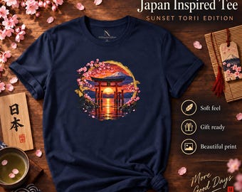 Torii-T-Shirt, Japanisches Sonnenuntergangs-Schrein-T-Shirt, Kirschblüten-Grafik-Shirt, Japan-Reisegeschenk, Unisex-T-Shirt im Sakura-Stil