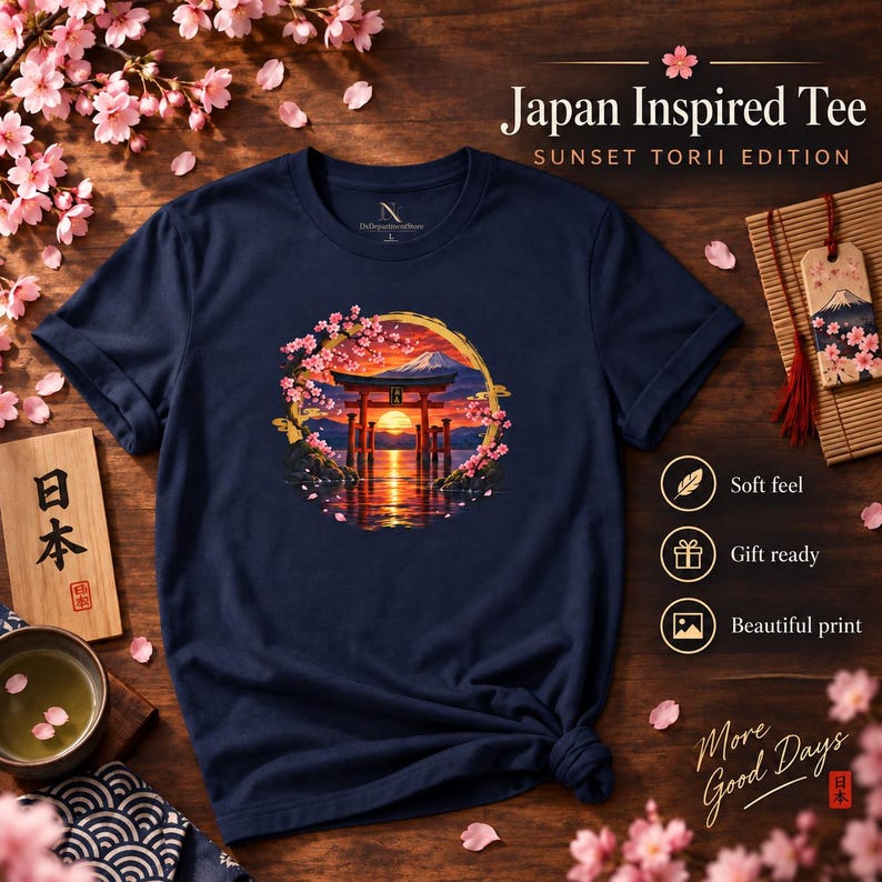 Camiseta Torii Gate, Camiseta Pôr do Sol em Santuário Japonês, Presente de Viagem ao Japão com Estampa de Cerejeiras em Flor imagem 1