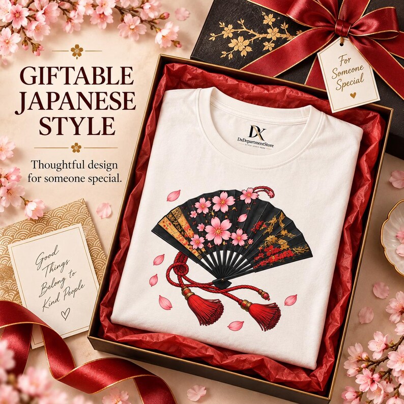 Camiseta japonesa con abanico plegable, camiseta Sensu con estampado de flores de cerezo, regalo para amantes de Japón. imagen 15