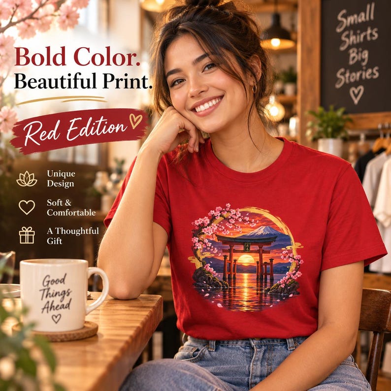 Camiseta Torii Gate, Camiseta Pôr do Sol em Santuário Japonês, Presente de Viagem ao Japão com Estampa de Cerejeiras em Flor imagem 8