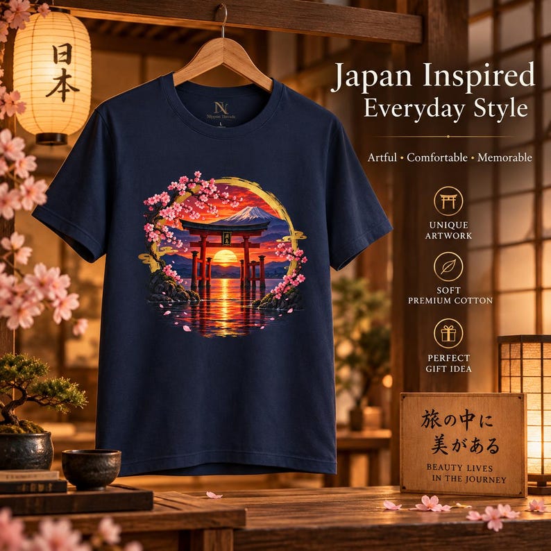 Camiseta Torii Gate, Camiseta Pôr do Sol em Santuário Japonês, Presente de Viagem ao Japão com Estampa de Cerejeiras em Flor imagem 11