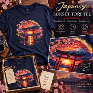 Camiseta Torii Gate, Camiseta Pôr do Sol em Santuário Japonês, Presente de Viagem ao Japão com Estampa de Cerejeiras em Flor imagem 7