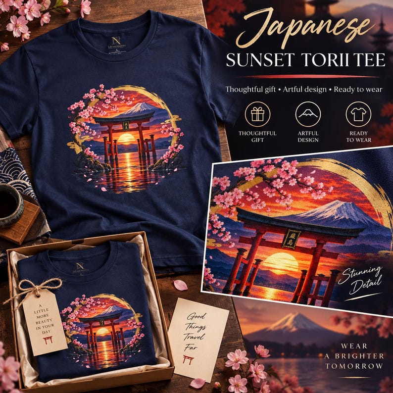 Camiseta Torii Gate, Camiseta Pôr do Sol em Santuário Japonês, Presente de Viagem ao Japão com Estampa de Cerejeiras em Flor imagem 7