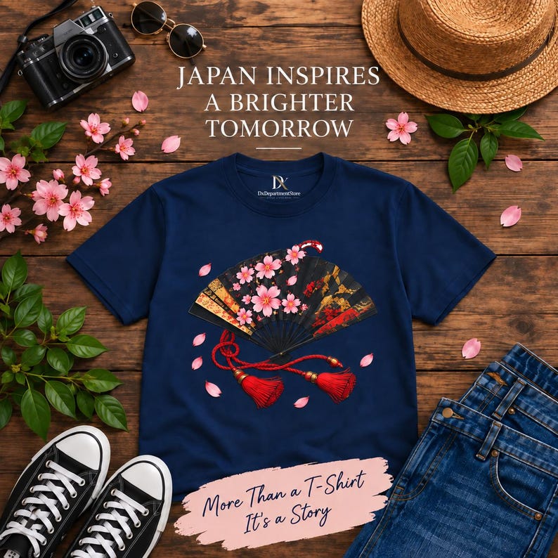 Camiseta japonesa con abanico plegable, camiseta Sensu con estampado de flores de cerezo, regalo para amantes de Japón. imagen 18