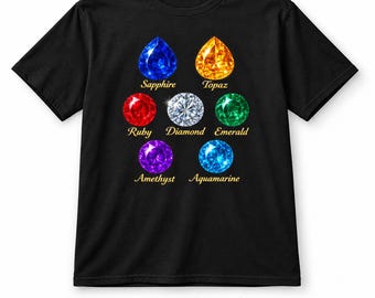 Unisex T-shirt met edelstenenprint - Leuk T-shirt met print voor edelsteenliefhebbers, geboortesteenshirt, kristalenthousiastelingen, cadeau voor haar