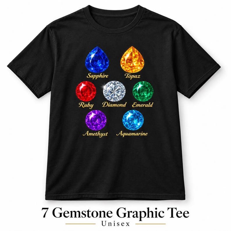 T-shirt unisex con pietre preziose - Simpatica maglietta grafica per amanti delle gemme, maglietta con pietra portafortuna, appassionati di cristalli, regalo per lei immagine 1