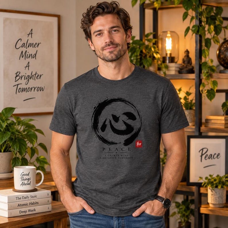 Camiseta com Kanji da Paz, Camiseta Zen Enso Circle, Presente de Meditação com Caligrafia Japonesa imagem 11