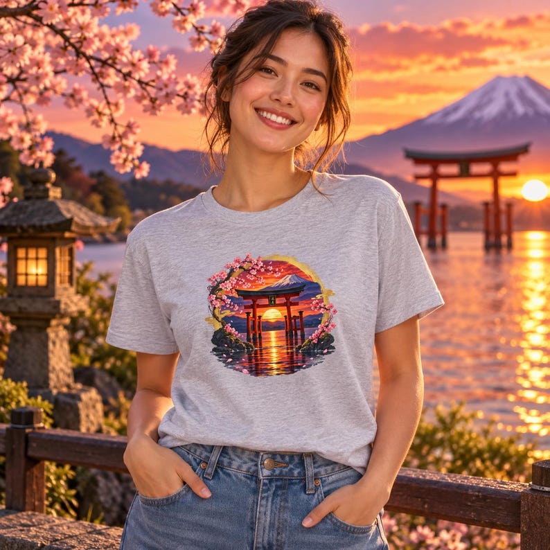 Camiseta Torii Gate, Camiseta Pôr do Sol em Santuário Japonês, Presente de Viagem ao Japão com Estampa de Cerejeiras em Flor imagem 2