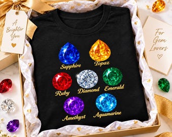 Camiseta con piedras preciosas, camiseta gráfica de las siete gemas, camiseta de piedra natal, regalo para amantes de los cristales.
