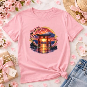 Camiseta Torii Gate, Camiseta Pôr do Sol em Santuário Japonês, Presente de Viagem ao Japão com Estampa de Cerejeiras em Flor imagem 6