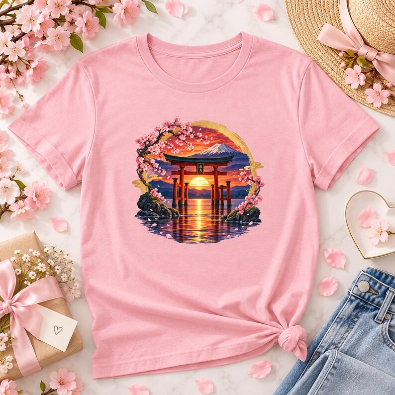 Camiseta Torii Gate, Camiseta Pôr do Sol em Santuário Japonês, Presente de Viagem ao Japão com Estampa de Cerejeiras em Flor imagem 6