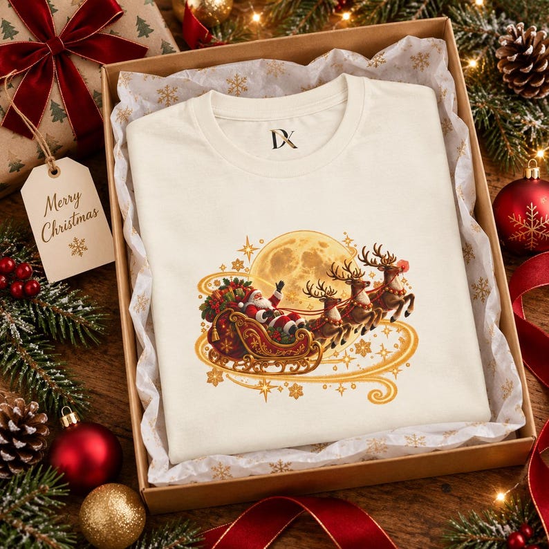 Jultomten Sleigh Barn T-shirt, Ren Måne Jult-shirt, Julklapp för barn bild 11