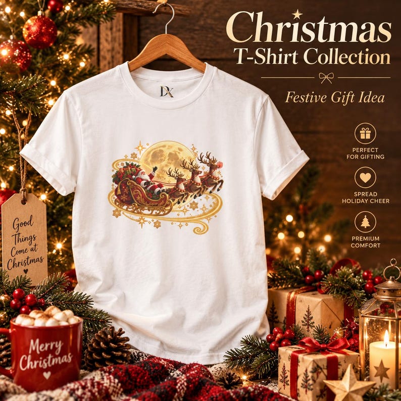 Jultomten Sleigh Barn T-shirt, Ren Måne Jult-shirt, Julklapp för barn bild 6