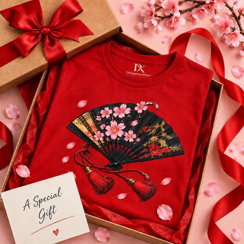 Camiseta japonesa con abanico plegable, camiseta Sensu con estampado de flores de cerezo, regalo para amantes de Japón. imagen 10