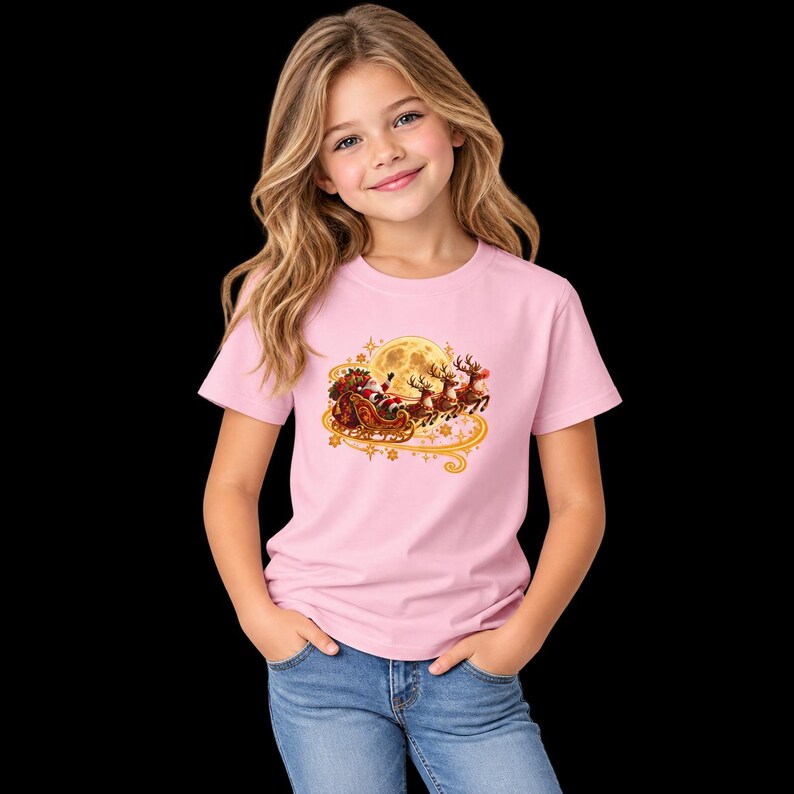 Jultomten Sleigh Barn T-shirt, Ren Måne Jult-shirt, Julklapp för barn bild 2