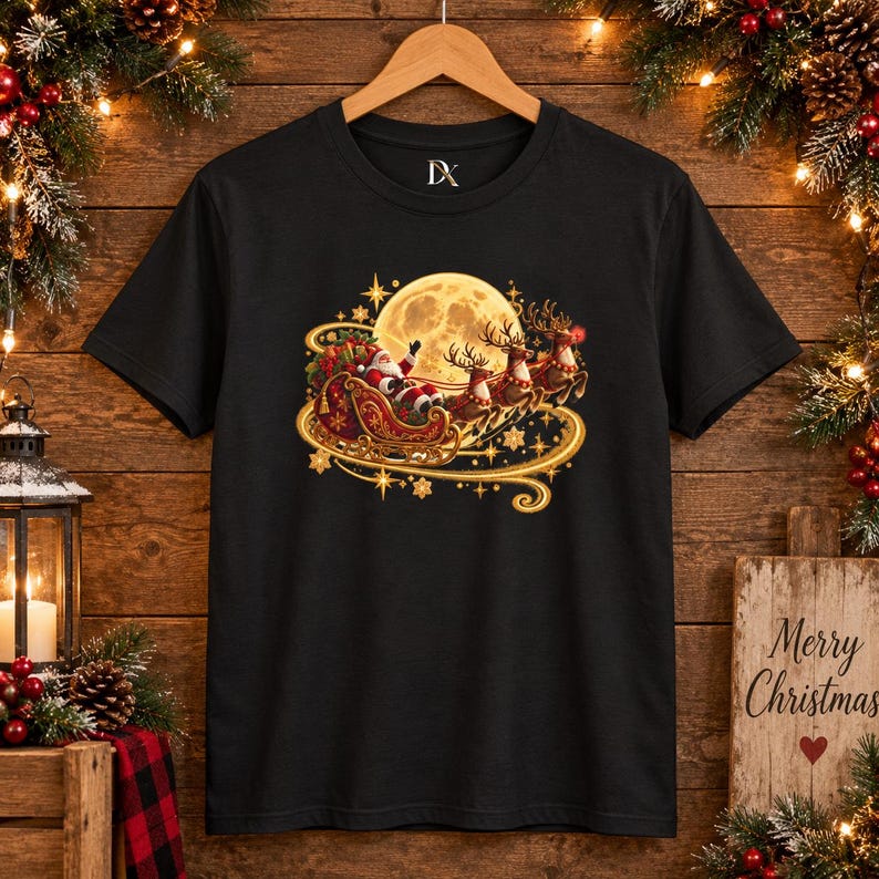 Jultomten Sleigh Barn T-shirt, Ren Måne Jult-shirt, Julklapp för barn bild 16