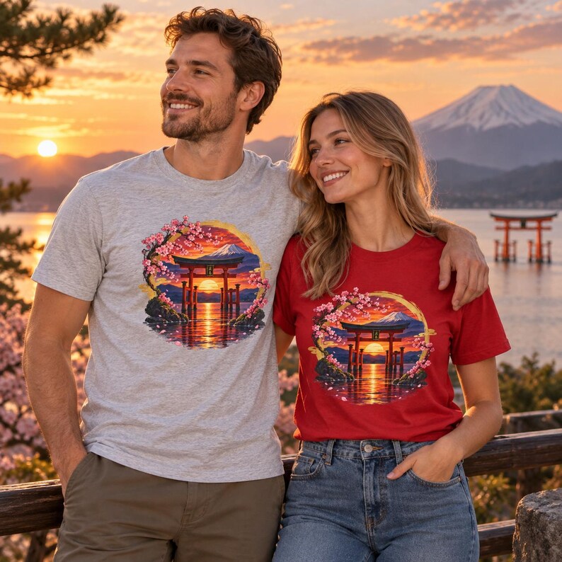 Camiseta Torii Gate, Camiseta Pôr do Sol em Santuário Japonês, Presente de Viagem ao Japão com Estampa de Cerejeiras em Flor imagem 9