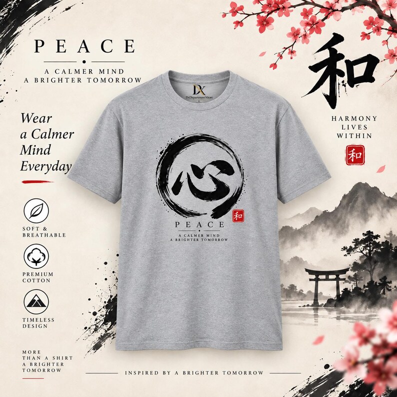 Camiseta com Kanji da Paz, Camiseta Zen Enso Circle, Presente de Meditação com Caligrafia Japonesa imagem 2