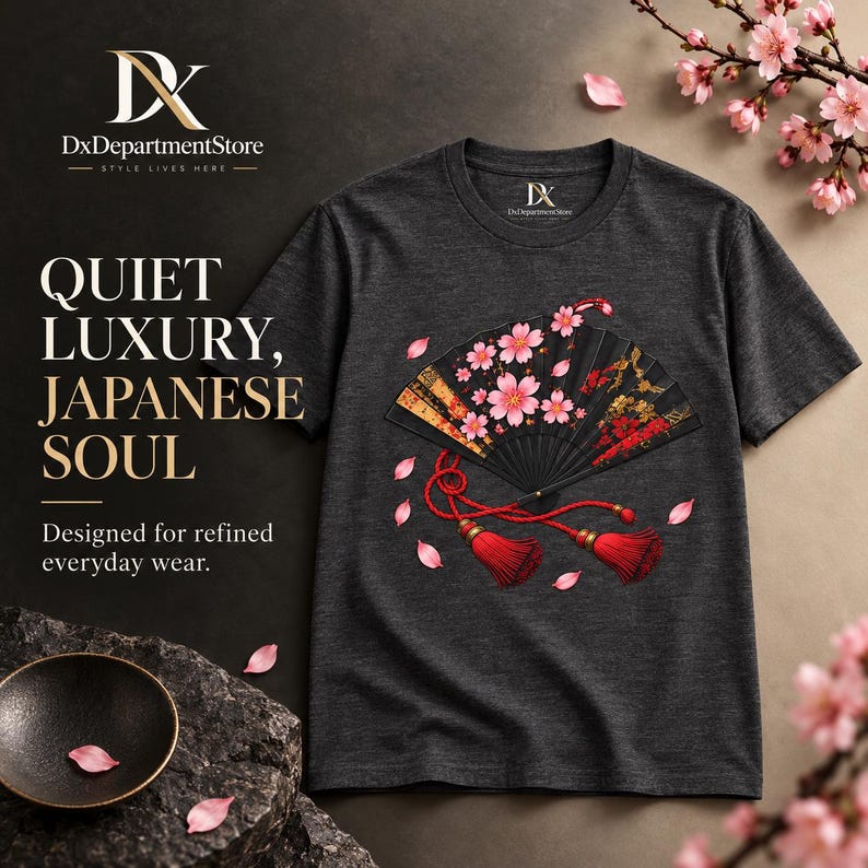 Camiseta japonesa con abanico plegable, camiseta Sensu con estampado de flores de cerezo, regalo para amantes de Japón. imagen 1