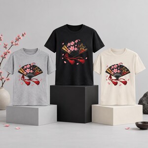 Camiseta japonesa con abanico plegable, camiseta Sensu con estampado de flores de cerezo, regalo para amantes de Japón. imagen 20