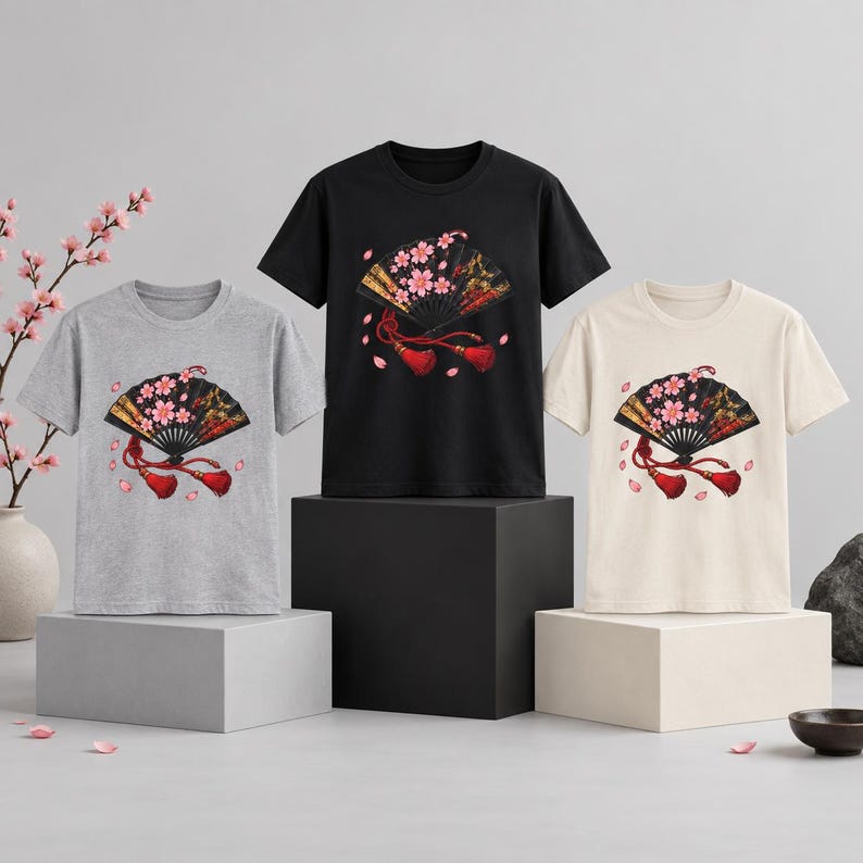 Camiseta japonesa con abanico plegable, camiseta Sensu con estampado de flores de cerezo, regalo para amantes de Japón. imagen 20