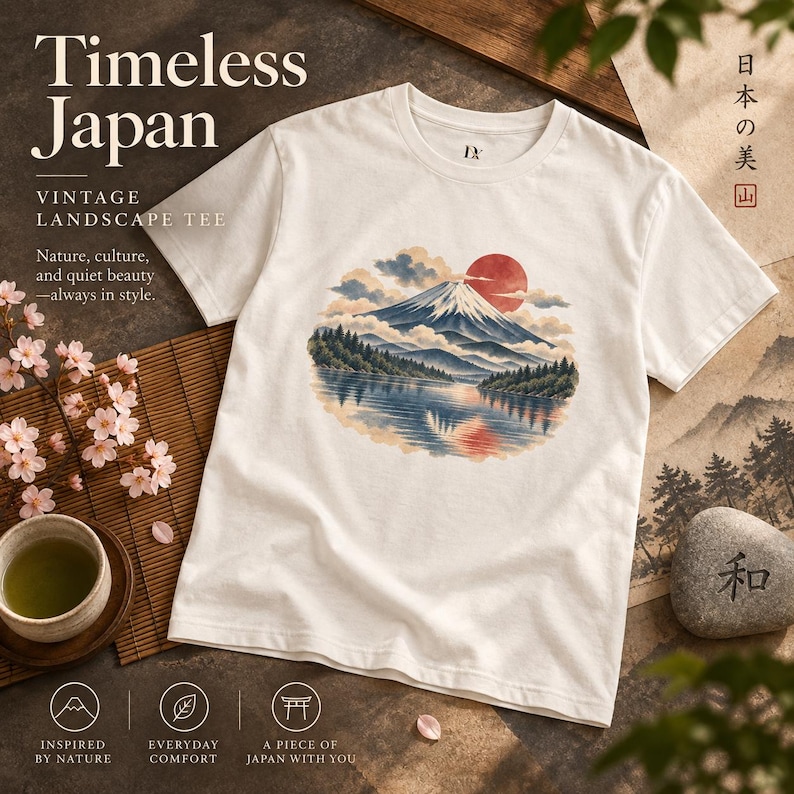 T-shirt met de berg Fuji, vintage Japans landschap T-shirt, Japan reiscadeau afbeelding 2