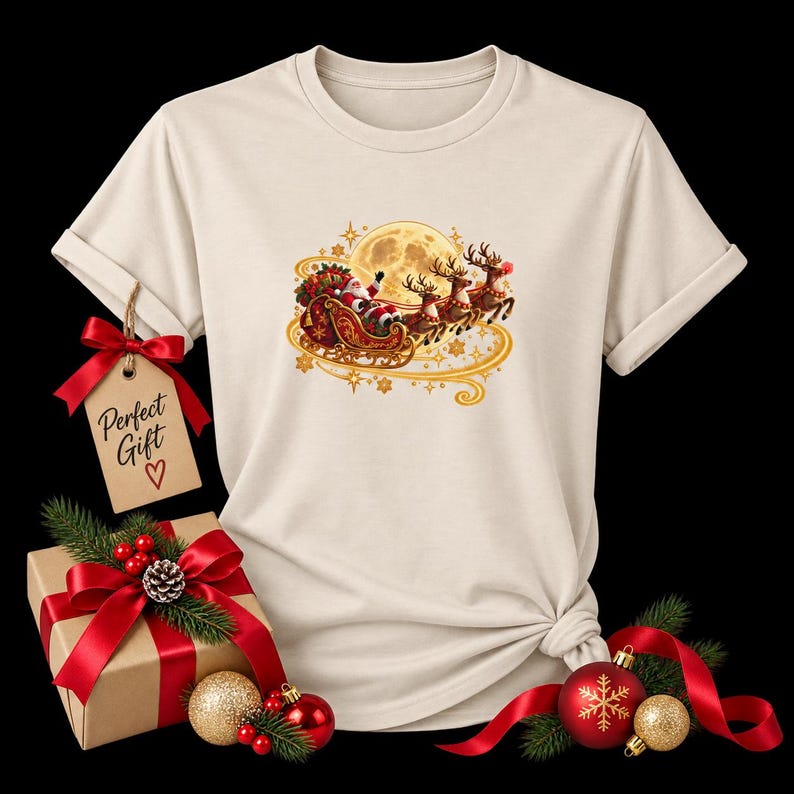 Jultomten Sleigh Barn T-shirt, Ren Måne Jult-shirt, Julklapp för barn bild 10