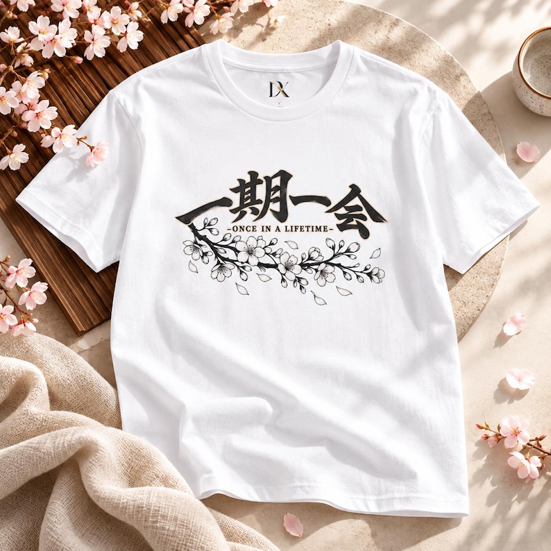 Ichigo Ichie T-Shirt, Japanese Calligraphy Tee, Cherry Blossom Kanji, Once in a Lifetime Gift image 2