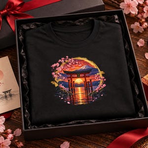 Camiseta Torii Gate, Camiseta Pôr do Sol em Santuário Japonês, Presente de Viagem ao Japão com Estampa de Cerejeiras em Flor imagem 4