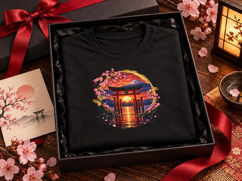 Camiseta Torii Gate, Camiseta Pôr do Sol em Santuário Japonês, Presente de Viagem ao Japão com Estampa de Cerejeiras em Flor imagem 4