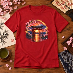 Camiseta Torii Gate, Camiseta Pôr do Sol em Santuário Japonês, Presente de Viagem ao Japão com Estampa de Cerejeiras em Flor imagem 13