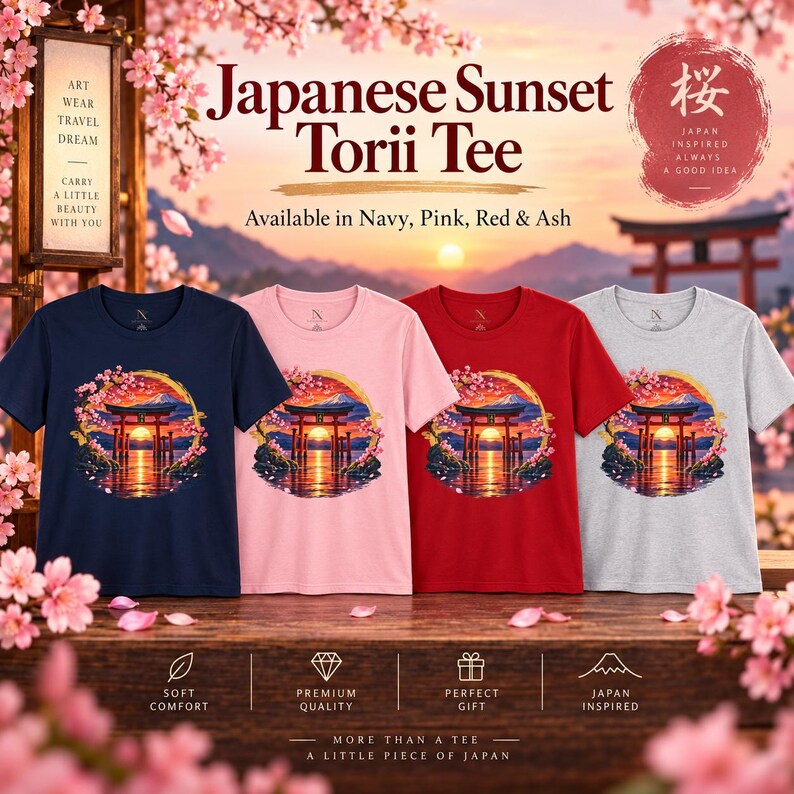 Camiseta Torii Gate, Camiseta Pôr do Sol em Santuário Japonês, Presente de Viagem ao Japão com Estampa de Cerejeiras em Flor imagem 3