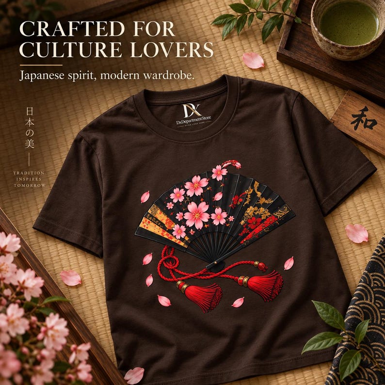 Camiseta japonesa con abanico plegable, camiseta Sensu con estampado de flores de cerezo, regalo para amantes de Japón. imagen 17
