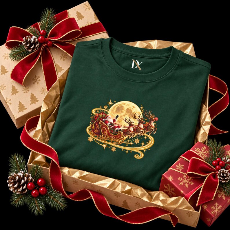 Jultomten Sleigh Barn T-shirt, Ren Måne Jult-shirt, Julklapp för barn bild 3