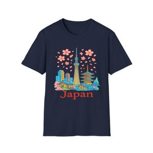 Japan Stadt T-Shirt, Sky Tower Unisex T-Shirt, Kirschblüte, Blumen T-Shirt, Reise Shirt, Japan Souvenir, Frühlingsmode, Geschenkidee Bild 1
