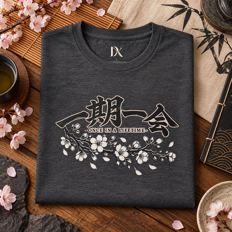 Ichigo Ichie T-Shirt, Japanese Calligraphy Tee, Cherry Blossom Kanji, Once in a Lifetime Gift image 1