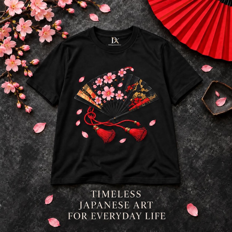 Camiseta japonesa con abanico plegable, camiseta Sensu con estampado de flores de cerezo, regalo para amantes de Japón. imagen 16
