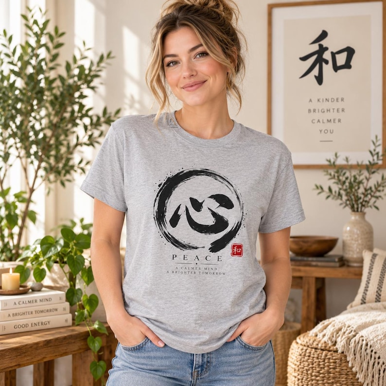 Camiseta com Kanji da Paz, Camiseta Zen Enso Circle, Presente de Meditação com Caligrafia Japonesa imagem 6