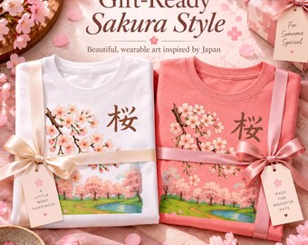 Kirschblüten-T-Shirt, Sakura-Kanji-T-Shirt, Shirt im japanischen Stil, Frühlingsblumen-Geschenk für Sie, Muttertagsgeschenk, Softstyle-T-Shirt