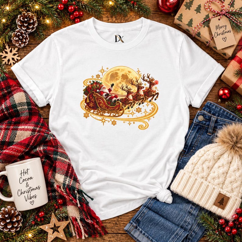 Jultomten Sleigh Barn T-shirt, Ren Måne Jult-shirt, Julklapp för barn bild 8