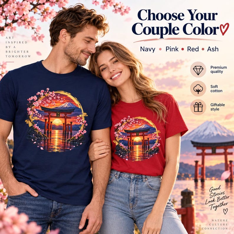 Camiseta Torii Gate, Camiseta Pôr do Sol em Santuário Japonês, Presente de Viagem ao Japão com Estampa de Cerejeiras em Flor imagem 5