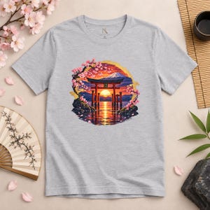Camiseta Torii Gate, Camiseta Pôr do Sol em Santuário Japonês, Presente de Viagem ao Japão com Estampa de Cerejeiras em Flor imagem 15