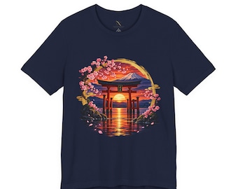 Torii-T-Shirt, Japanisches Sonnenuntergangs-Schrein-T-Shirt, Kirschblüten-Grafik-Shirt, Japan-Reisegeschenk, Unisex-T-Shirt im Sakura-Stil