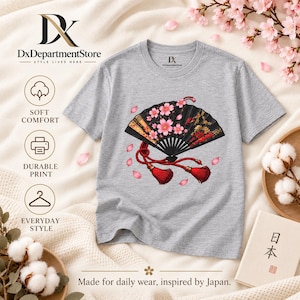 Camiseta japonesa con abanico plegable, camiseta Sensu con estampado de flores de cerezo, regalo para amantes de Japón. imagen 19